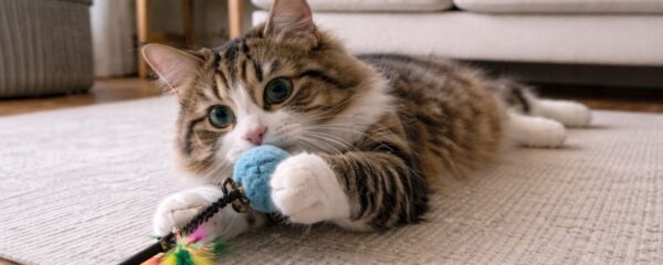 chat jouant sur un tapis avec jouet