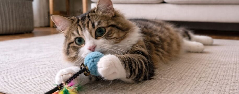 chat jouant sur un tapis avec jouet